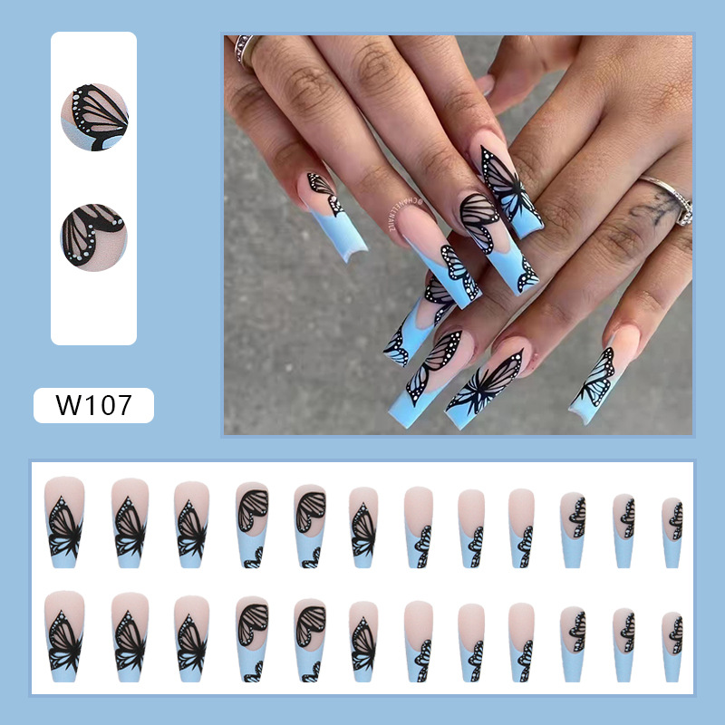 24Pcs/Box Detachable Black butterfly Blue Long Coffin False Nails Ballerina Coffin Fake Nails Full Cover Acrylic Nail Tips