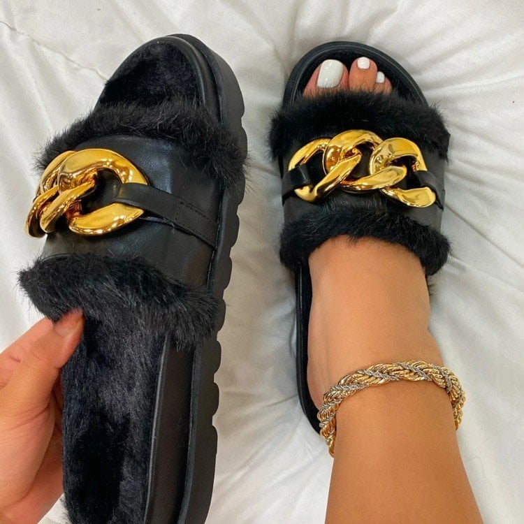 2023 Winter Plush Slippers Fashion Open Toe Solid Color Women's Sandals Metal Chain Outdoor Casual Women's Shoes Fashion Shoes