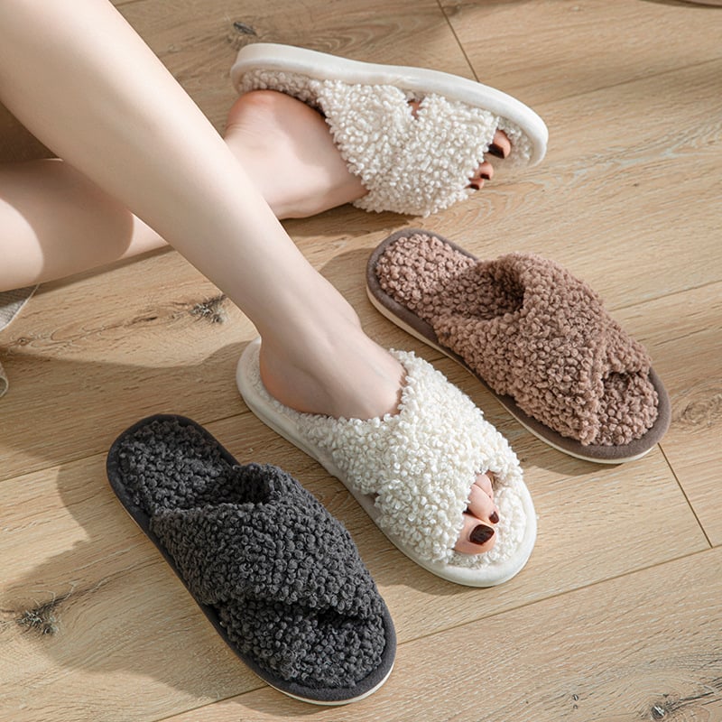 Fashion Cross Strap Fuzzy Slippers Women Indoor House Non Slip Warm Plush Woman Slippers Winter Comfort Soft Sole Cotton Slides