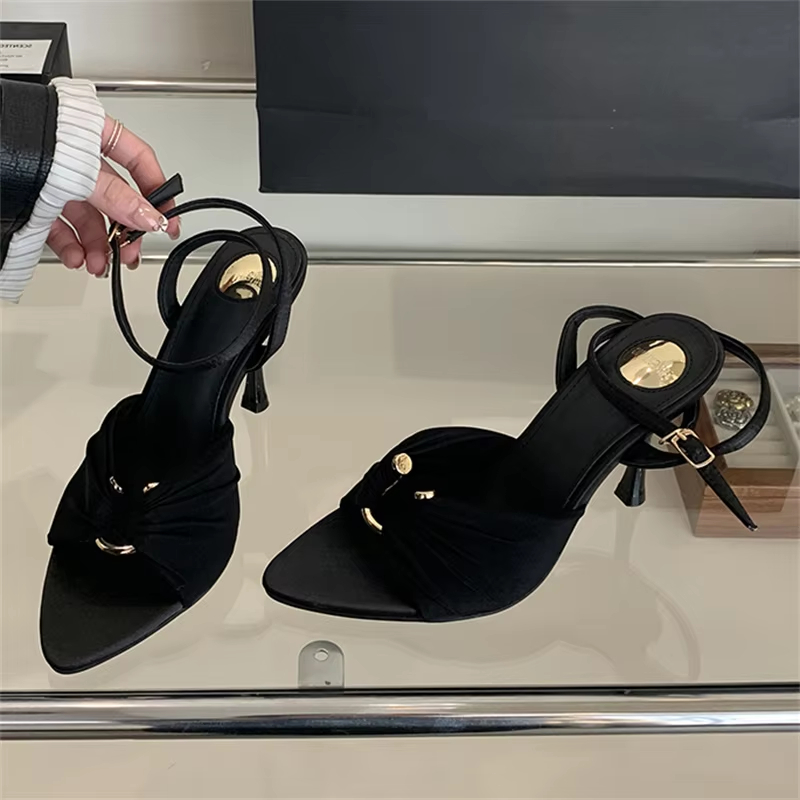 Summer Pointed Toe Thin High Heels Fashion Pleated Metal Buckle Strap Women Sandals Banquet Party Female Mules Shoes