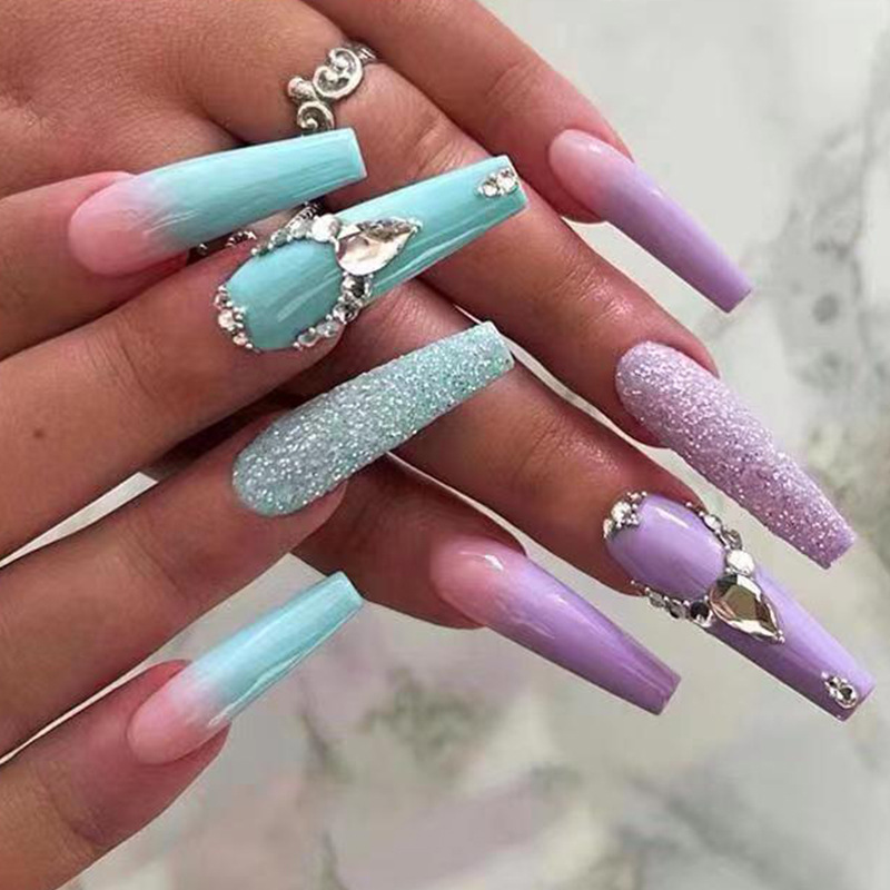 24Pcs/Box French Long Ballet False Nails With Rhinestone Design Full Cover Press On Nail Tips Fake Nails