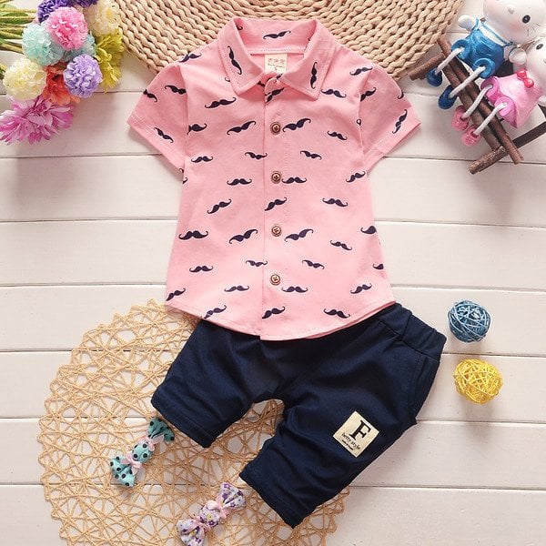 New summer boys short-sleeved beard print shirt short pant kids clothing set baby cotton suit