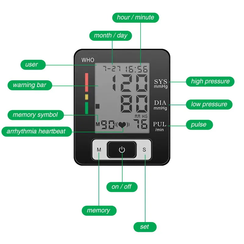 Blood Pressure Machine With Heartbeat Detection Adjustable Wrist Cuff LED Display 90 Reading Memory For Home Clinical Monitorin