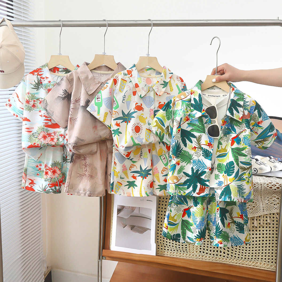 Boys Floral Printed Clothes Set Summer Sleeve Children's Shirt Top+Pants 2Pcs Kids Holiday Beach Outfit