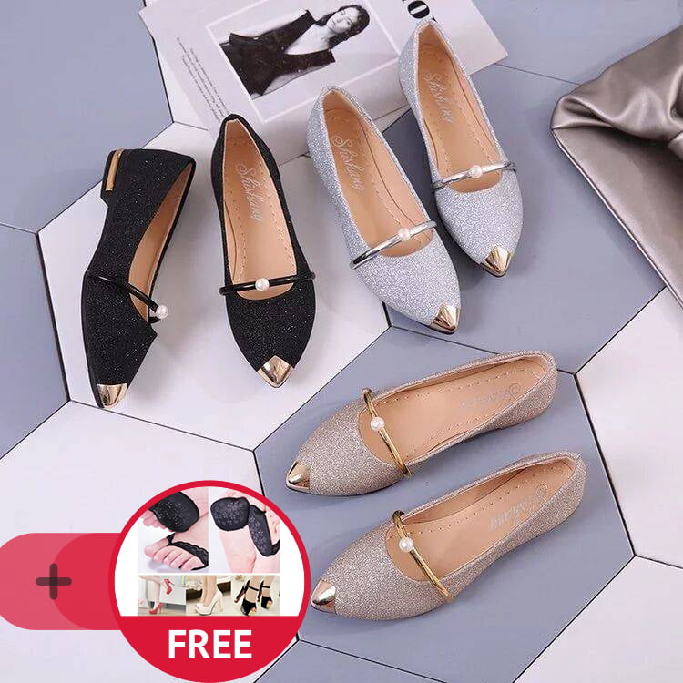 Buy 1 Get 1 Flats Gold Pointed Toe Mary Janes Shoes Woman Slip on Flat Shoes Bead Ladies Shoes Comfortable Loafers