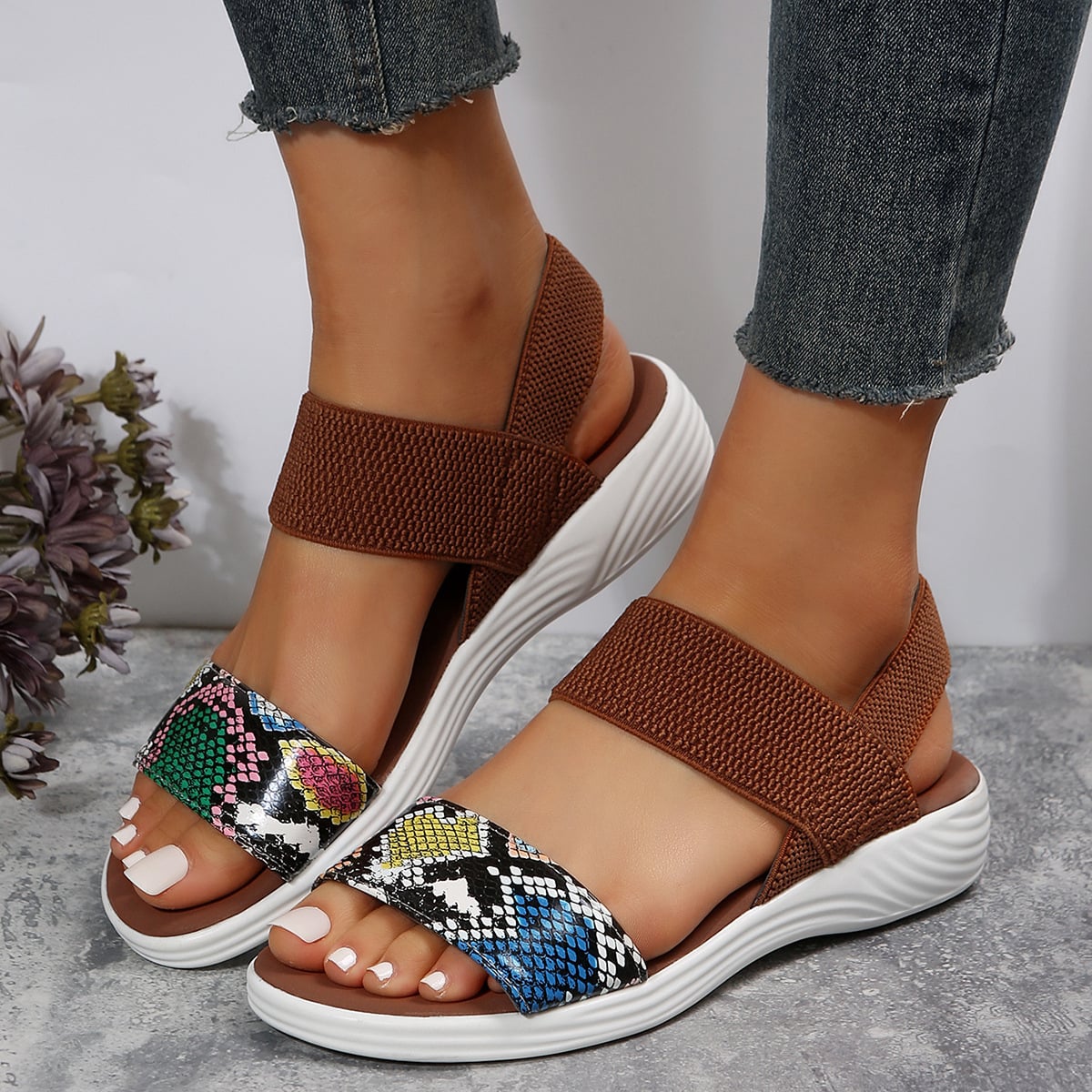 2023 Women Solid Color Low Heel Strech Elastic Band Sandals Summer Flats Orthopedic Brief Casual Ladies Sandalias Plus Size