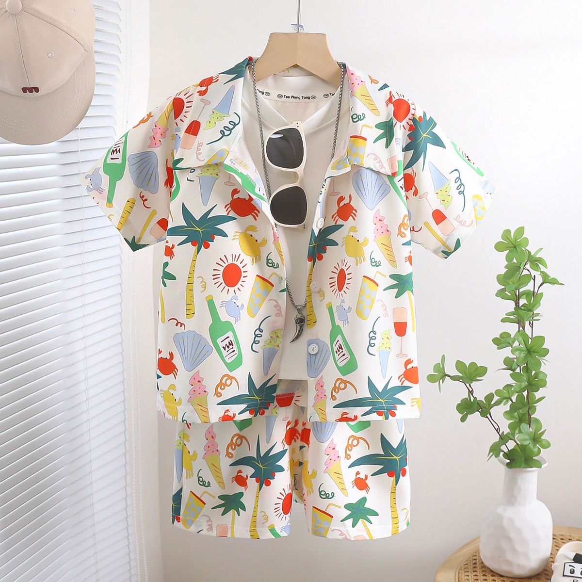Boys Floral Printed Clothes Set Summer Sleeve Children's Shirt Top+Pants 2Pcs Kids Holiday Beach Outfit