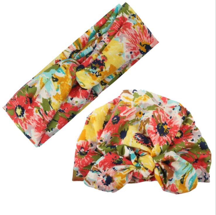 2Pc/Set Mother Baby Turban Matching Headband And Baby Caps Rabbit Ears Headbands Floral Print Caps Hair Accessories