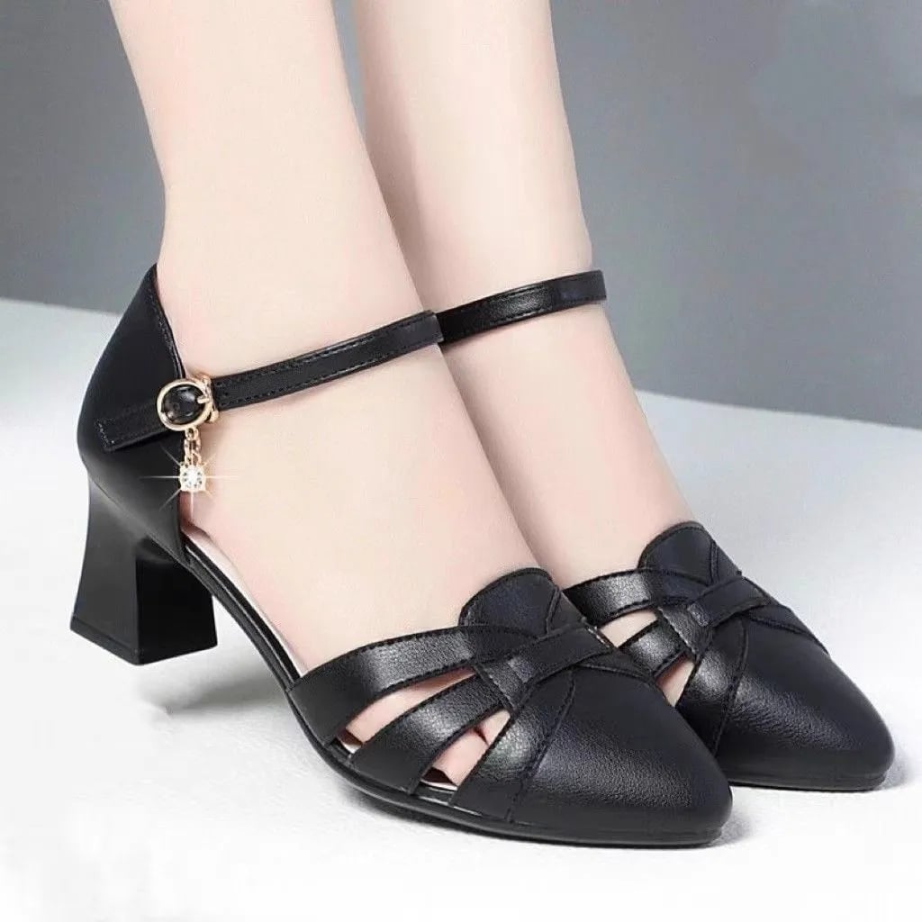 Women Fashion Black Hollow Out Buckle Strap Square Heel Shoes Lady Casual Elegant Eeige Shoes For Office
