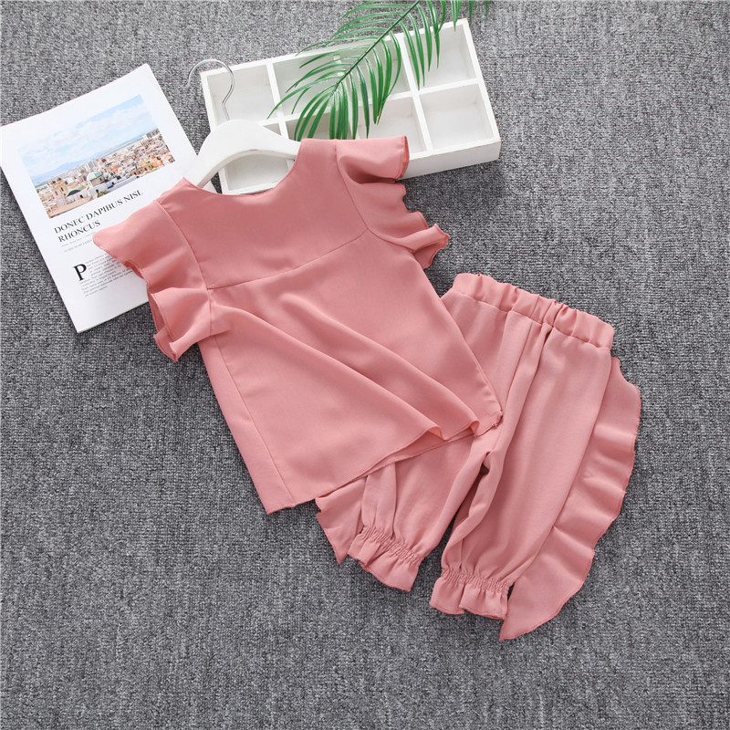 Toddler Girl's Solid Color Outfit 2pcs Flutter Sleeve Top & Shorts Set Kid's Clothes Infant Girl's Clothes for Daily/Holiday