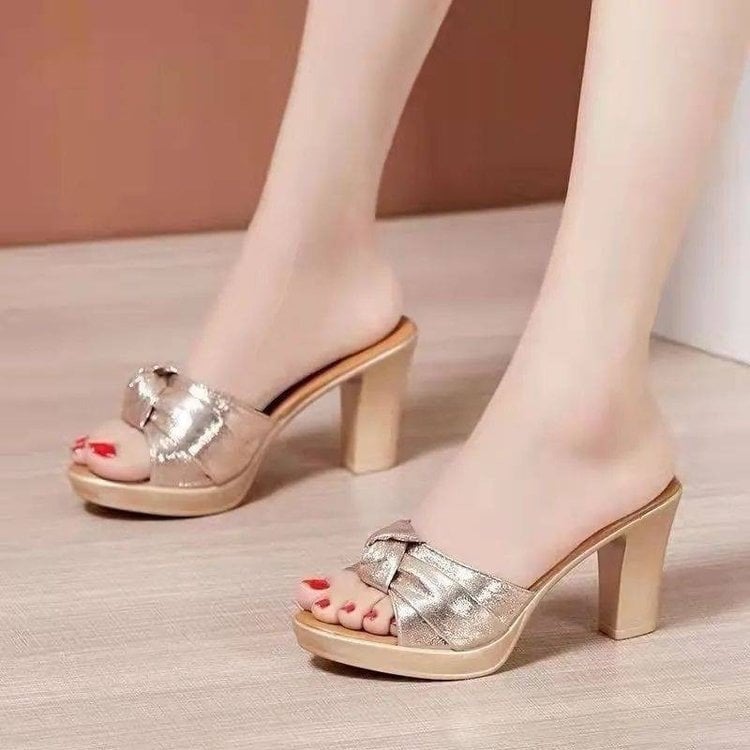 Fashion Knot Block Heel Platform Slippers for Women Summer Peep Toe High Heels Office Shoes