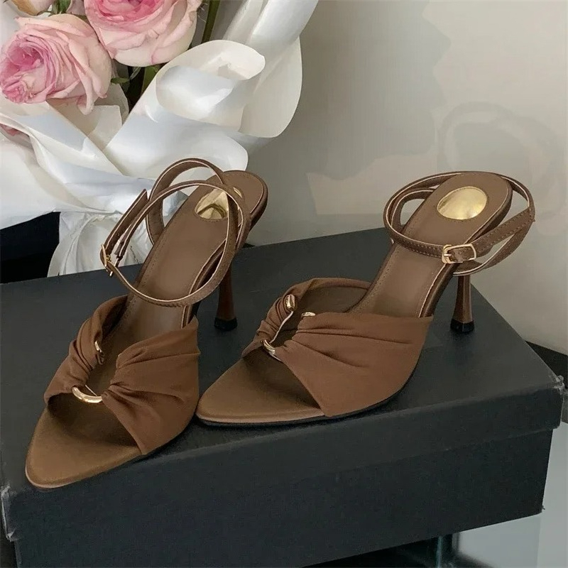 Summer Pointed Toe Thin High Heels Fashion Pleated Metal Buckle Strap Women Sandals Banquet Party Female Mules Shoes