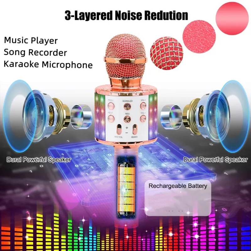WS858L Professional Handheld Wireless Karaoke Microphone USB Speaker Microphone for Kids Music Player Singing Recorder KTV