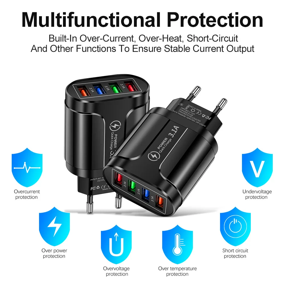 3.1 Quick Charge 4 USB EU US Plug Charger Phone Adapter for iPhone 14 Pro Max Tablet Portable Wall Mobile Charger