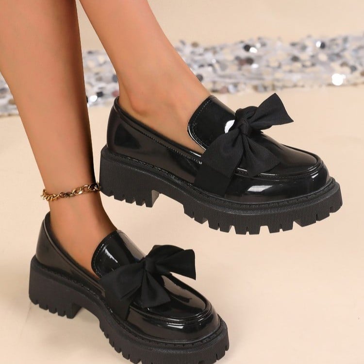New Le Fu Shoes Women's Bow Thick soled Small Leather Shoes Single Shoes