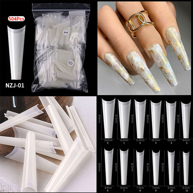 Extra Long Coffin Nail Tips 504 Pcs XXL Coffin Shape Nail Tips Clear/Natural Half Cover Nail Tips for Acrylic False Nail 12 Size