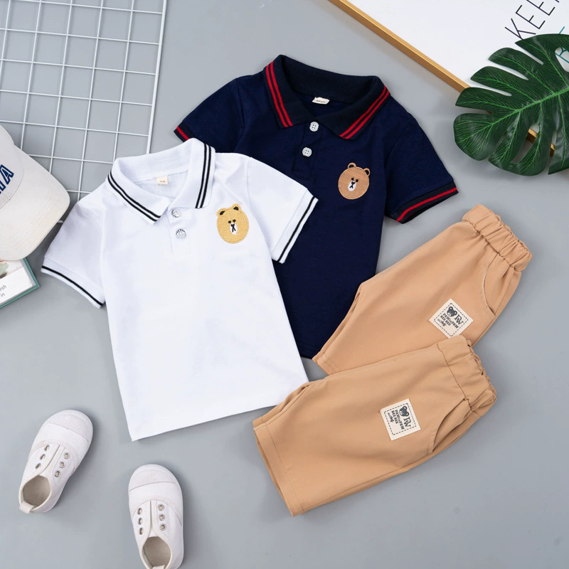 Children's summer polo shirt short sleeved set, handsome little bear two-piece set