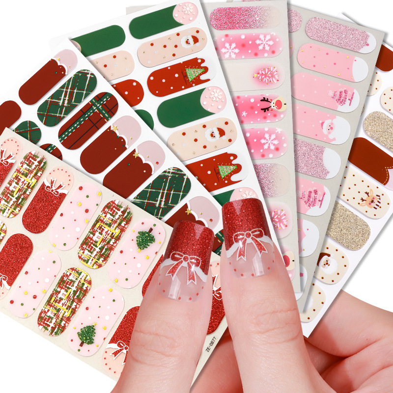 16tips Christmas Baking-Free Nail Stickers Winter Snowflake Snowman Adhesive Nail Strips Patch Slider Full Cover Nail Decoration