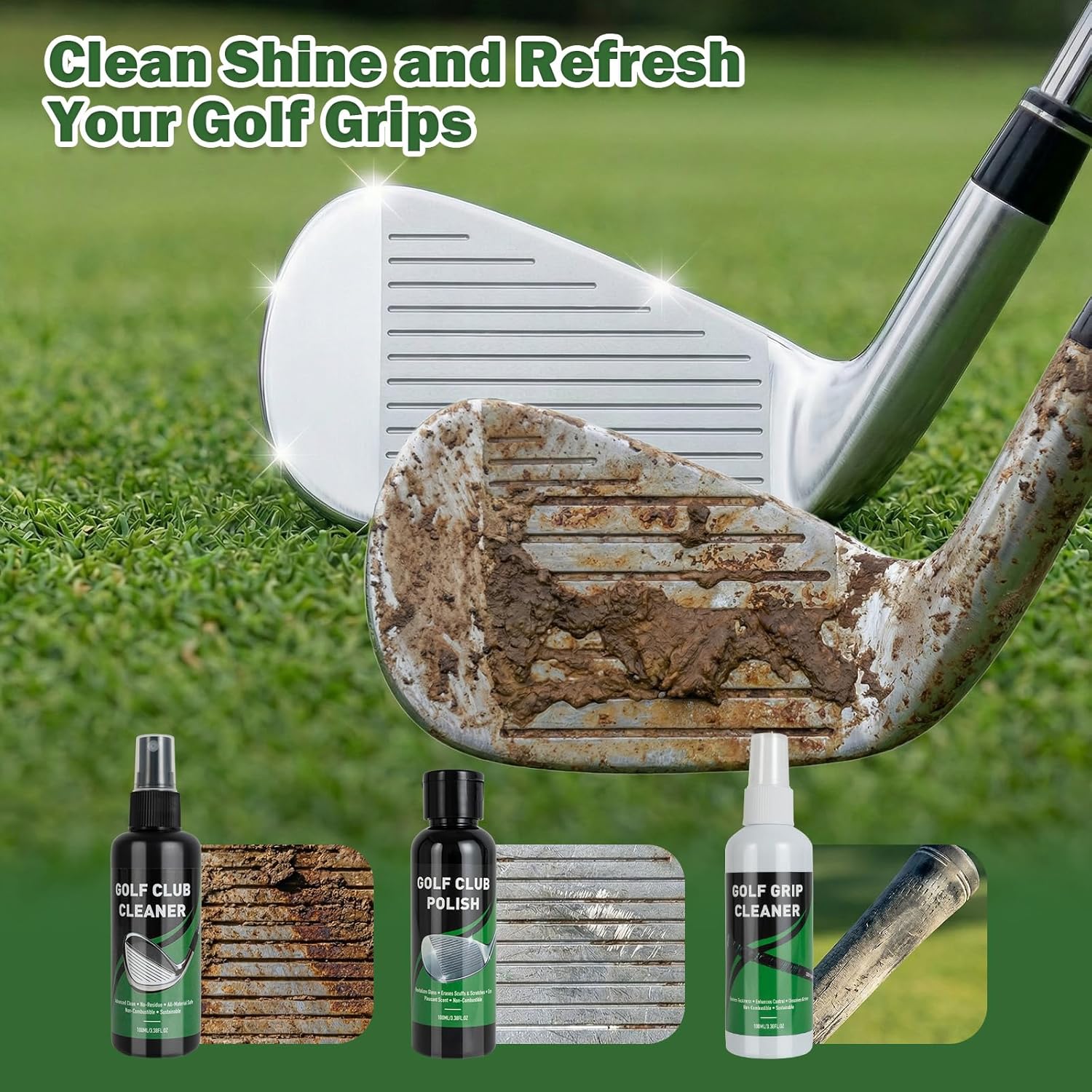 Golf Club Cleaning Kit, 8-in-1 Club Care Set with Cleaner, Brush, Groove Sharpener, Grip Cleaner, Polish, Magnetic Towel, Ball Towel & Portable Bag -