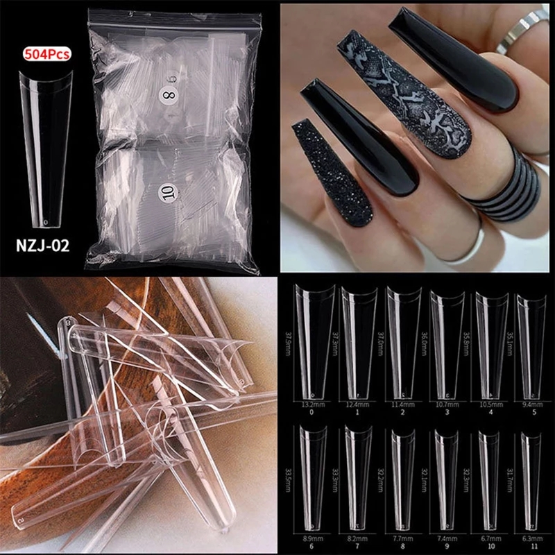 Extra Long Coffin Nail Tips 504 Pcs XXL Coffin Shape Nail Tips Clear/Natural Half Cover Nail Tips for Acrylic False Nail 12 Size