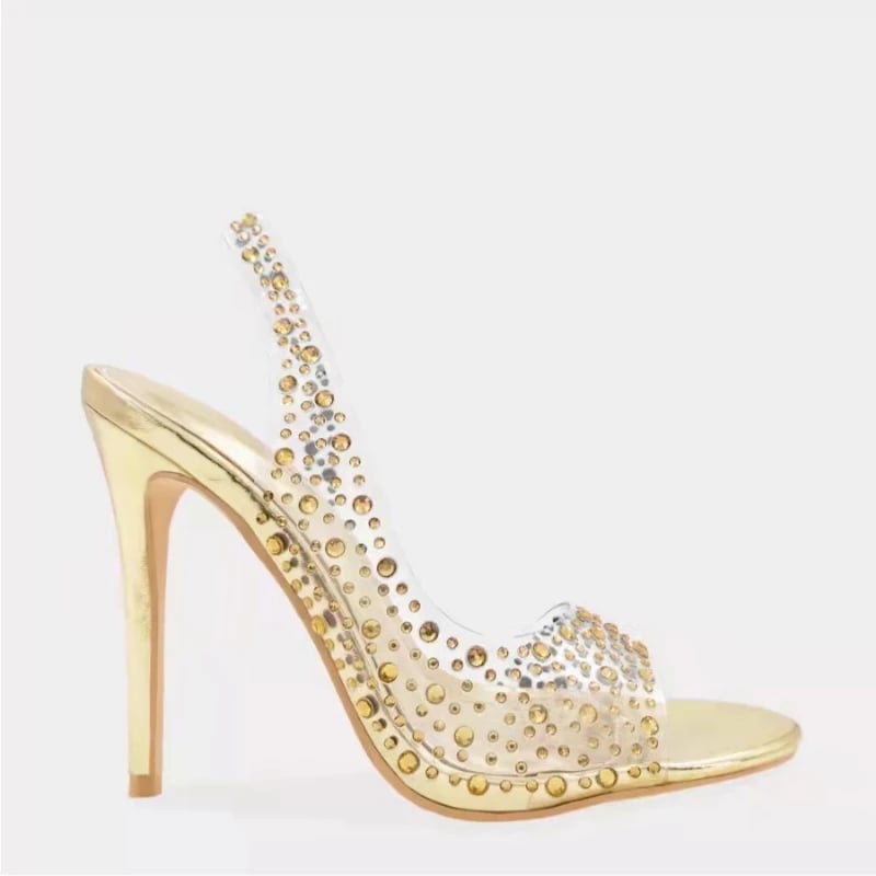 New Champagne Silver Gold Crystal Bride Shoes Clear PVC Bling Rhinestone Slingback Party Sandals Open Toe Sparkly Heels