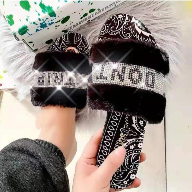 Summer New European and American Cashew Flower Silk Satin Water Diamond Plush Slippers for Women's Foreign Trade Large Cros