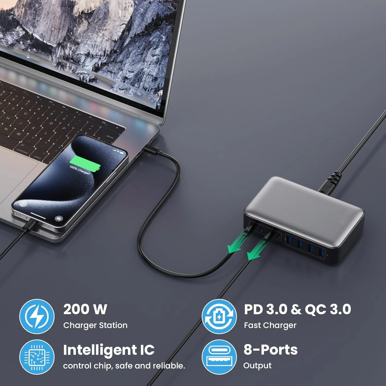200W Fast Charging Station USB C Charger Block 8-Port Hub PD 65W Laptop Charger Adapter for MacBook,DELL, iPhone,Galaxy