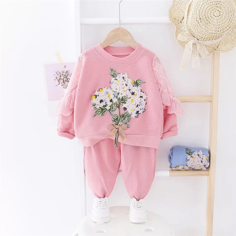 Baby Girls Clothes Set Autumn Winter Lace Embroidery Tops + Long Pants 2 Piece Girl Clothes Suit Casual Children Outfits