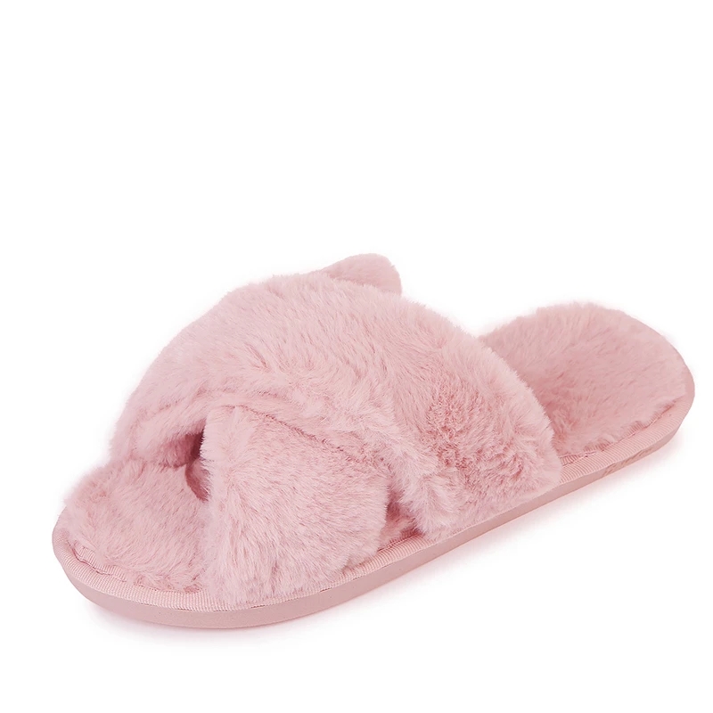 Warm fluffy slippers women's plush slippers comfortable faux fur cross indoor floor slippers flat soft fur shoes ladies women