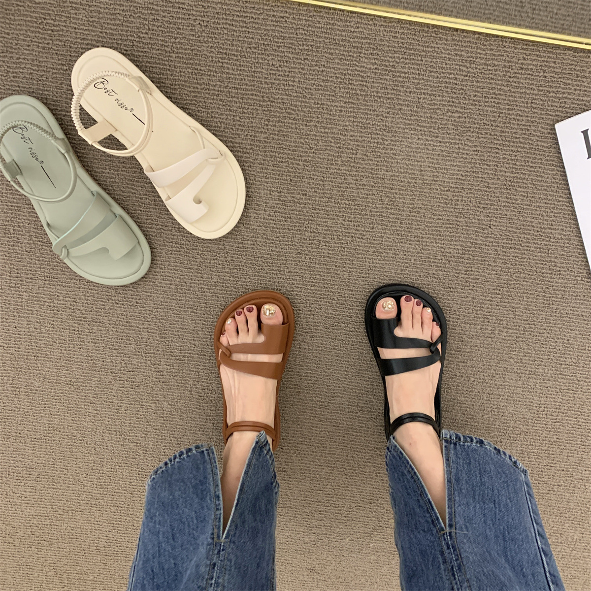 Outer wear flat-bottom sandals women's summer new fairy style soft bottom Roman casual sandals