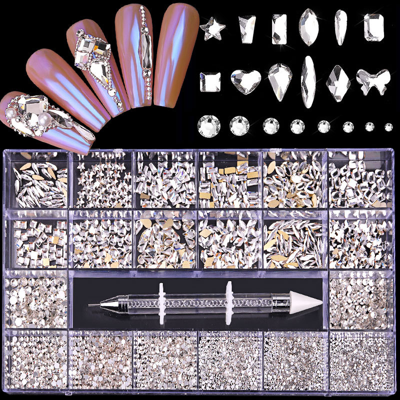21 Grid Rhinestone Boxed Nail Rhinestone Flat Glass Shaped Rhinestone DIY Nail Rhinestone Nail Art Jewelry Set