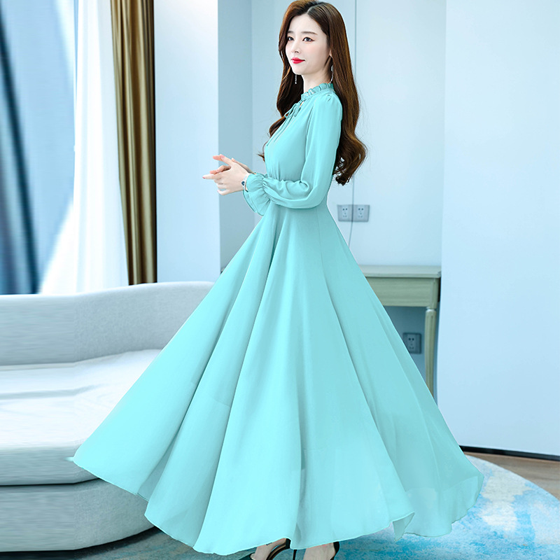 Women's Spring and Autumn Long Sleeve Dress Women's Style Chiffon Large Swing Long Dress Solid Color Skirt Fairy