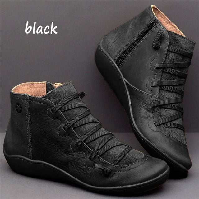 Women's PU Leather Ankle Boots Autumn Winter Cross Strappy Vintage Zipper Punk Boots Flat Short Snow Boots Lace Up Shoes
