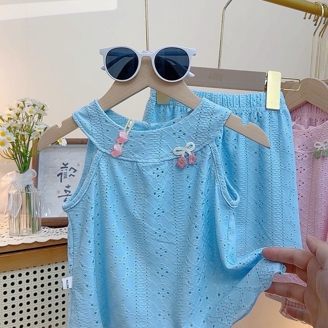 2 Kids Hollow Out Jacquard Breathable Mesh Tops Girls Camisole Skirt Pants Sets Summer New Baby Korean Ruffle Edge Vest Set