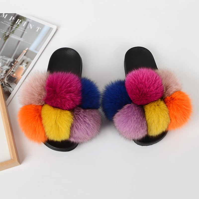 Fur Slippers Women Furry Slides Summer Fluffy Slippers House Shoes Woman Real Fur Slides Home Women's Fur Fox Slippers