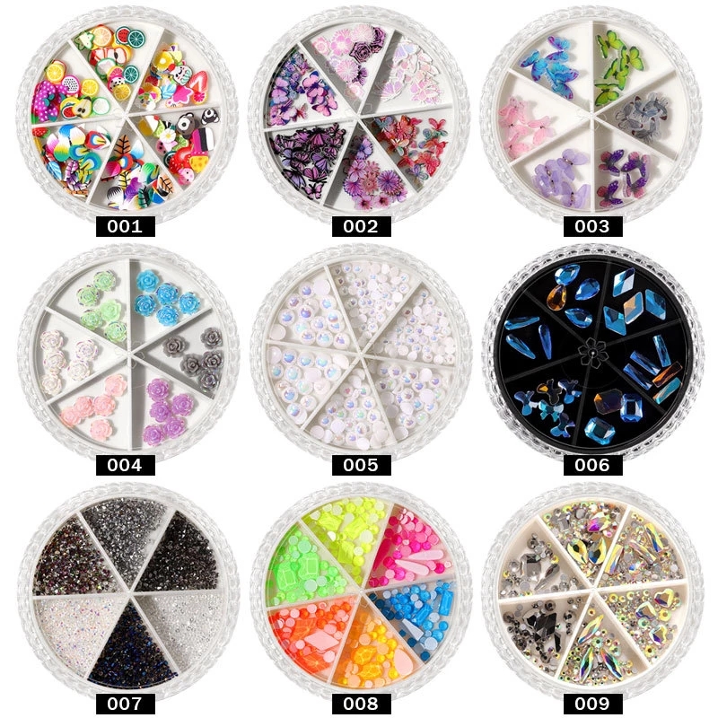 1 box mixed 6 grid turntable AB Rhinestone Nail Art Accessories Rivet Butterfly Pearl Crystal Jewelry Sequin Nail DIY