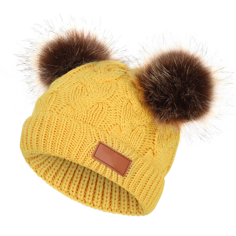 Double hair ball cute 1-4 year old children's knitted hat for autumn and winter new style cotton warm baby hat hood cap