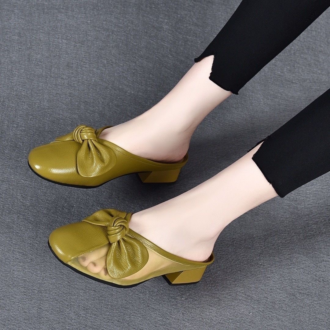 Women's Slippers Summer Sandals Bow Mesh BreathabLow-Heeled Anti-slip Femme Sandals