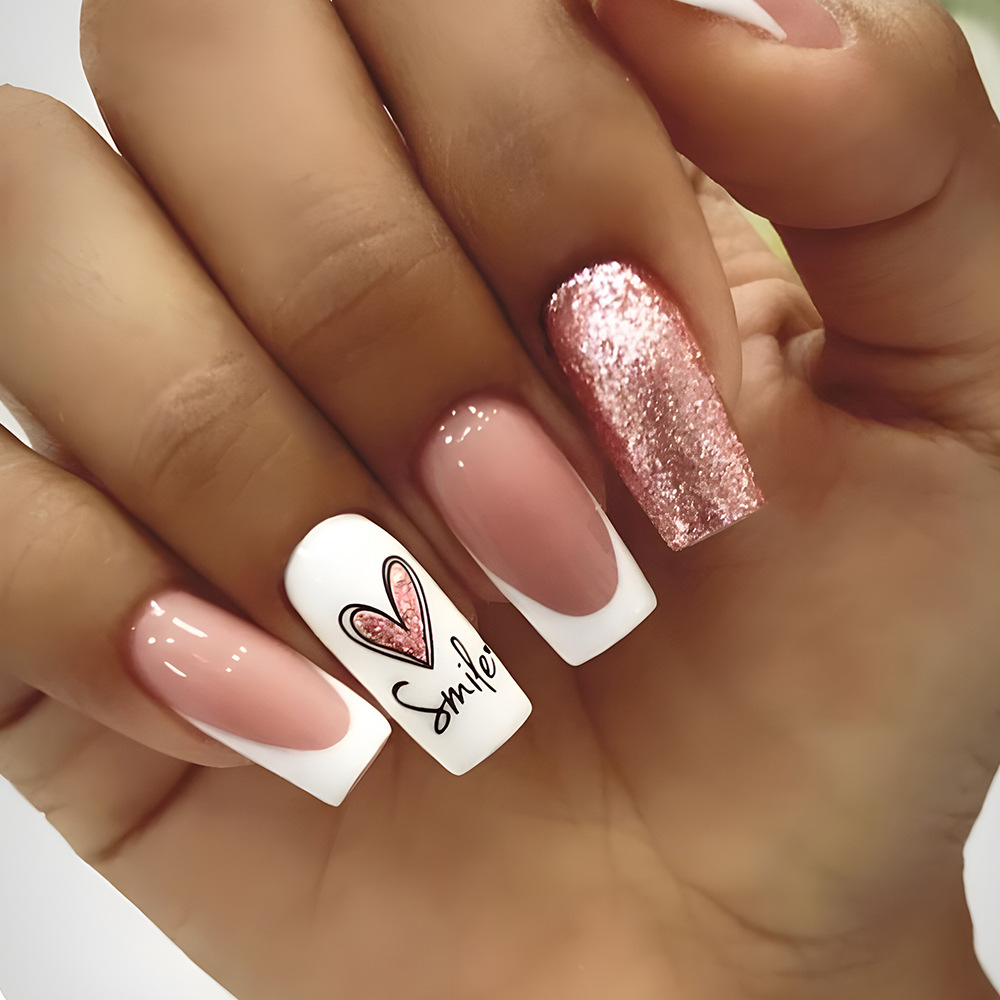 New Middle Long Square False Nails Love Geometry Pattern French Ballet Wearable Fake Nails With Glue Tape Full Cover Press on Na
