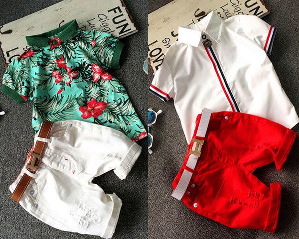 Newest Fashion Kids Boys summer leisure suit new Korean short sleeved shirt shorts three piece set spot feeding belt