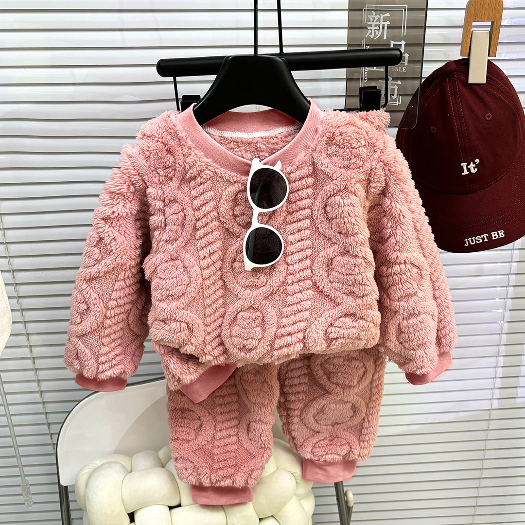 1pc Children's Autumn/Winter French Pajama Set Korean Edition Boys' Velvet Thick Home Clothes Girls' Warm Underwear Set