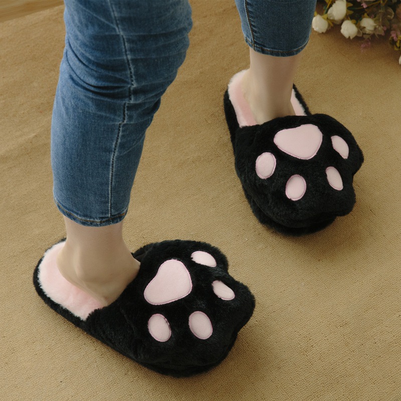 Cotton slippers female simulation rabbit fur cat paw slippers indoor home plush non-slip shoes cute home furry slippers