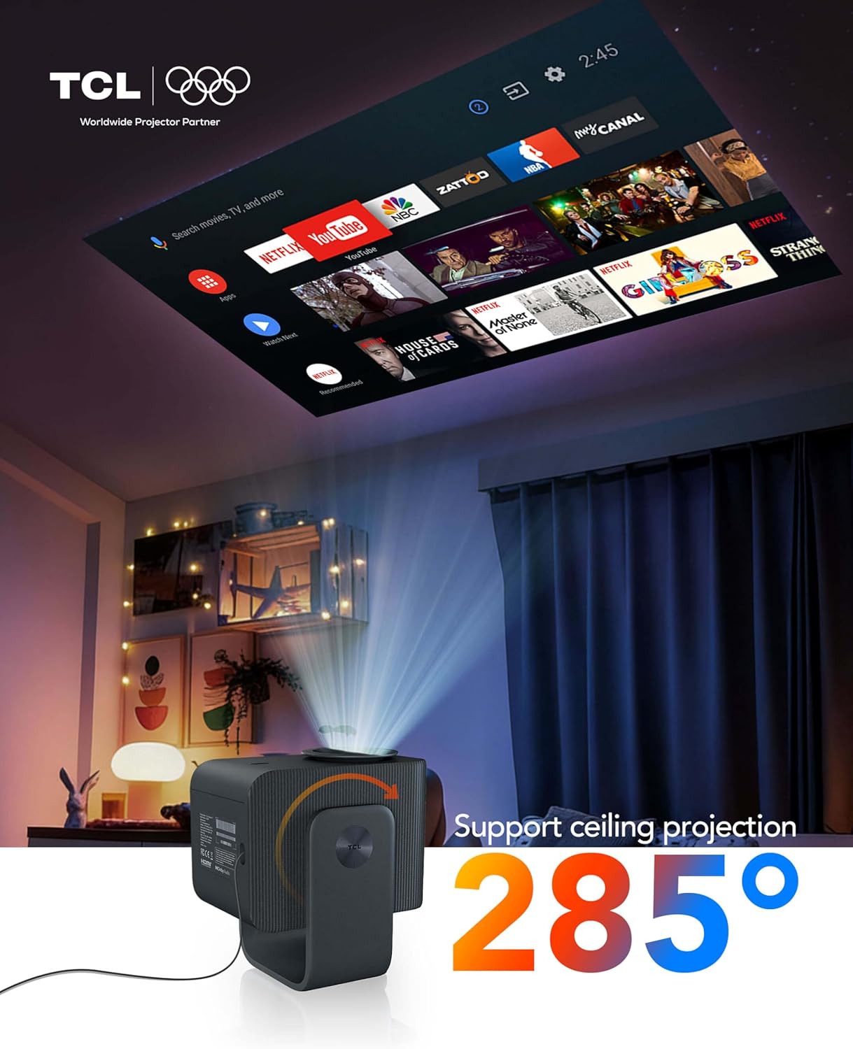 TCL C1 Smart Projector 4K Support, Compatible with Google TV, WiFi and Bluetooth, Auto Focus/Keystone, 1080P HDR10, Dolby Audio, 285° Rotation Mini Pr