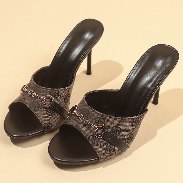 Elegant Metal Buckle High Heels Slippers Women Brand Design Printed Thin Heeled Sandals Woman Fashion Dress Party Shoes Size 42