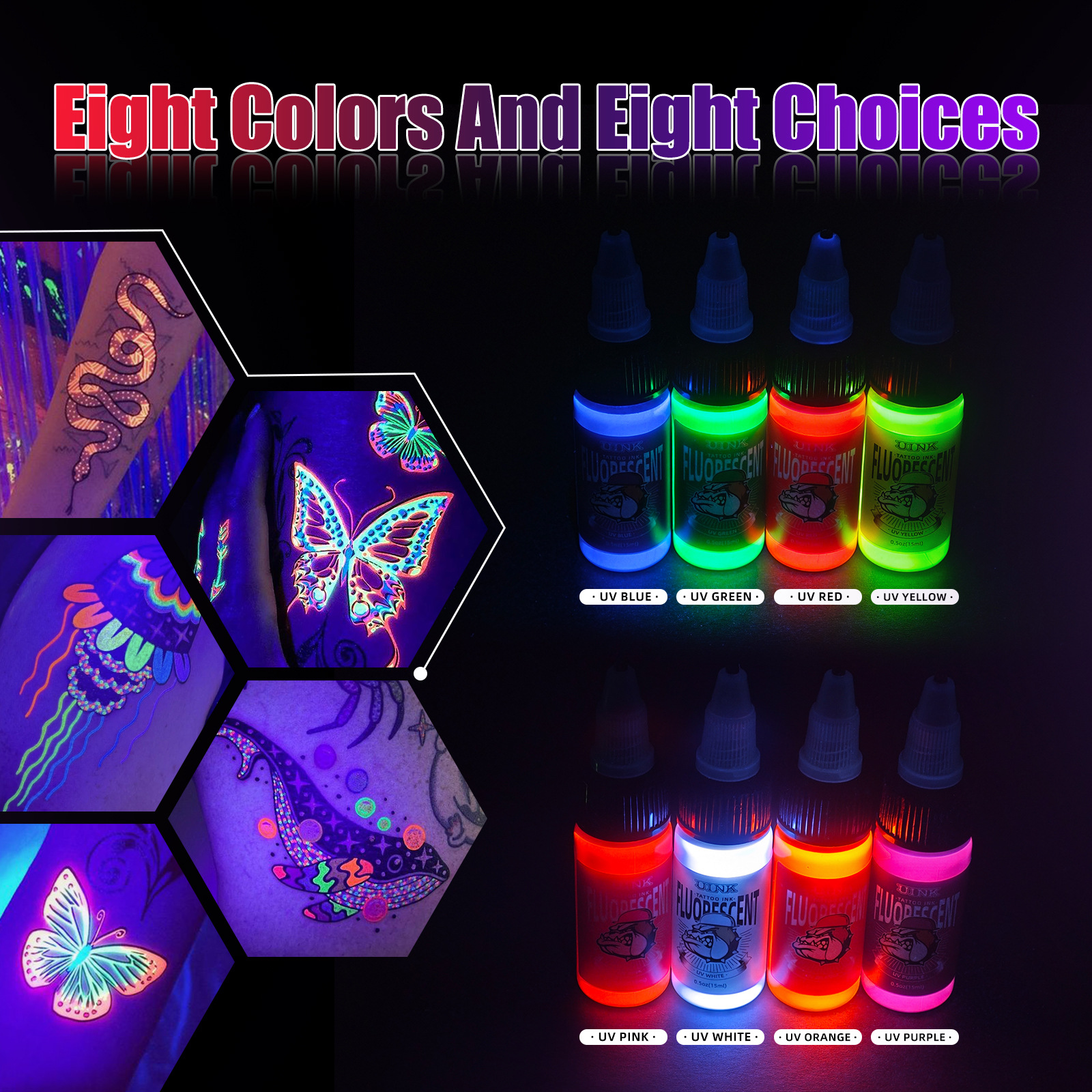 UINK Quality Fluorescent Tattoo Ink, Odorless Body Art Professional Tattoo Pigment