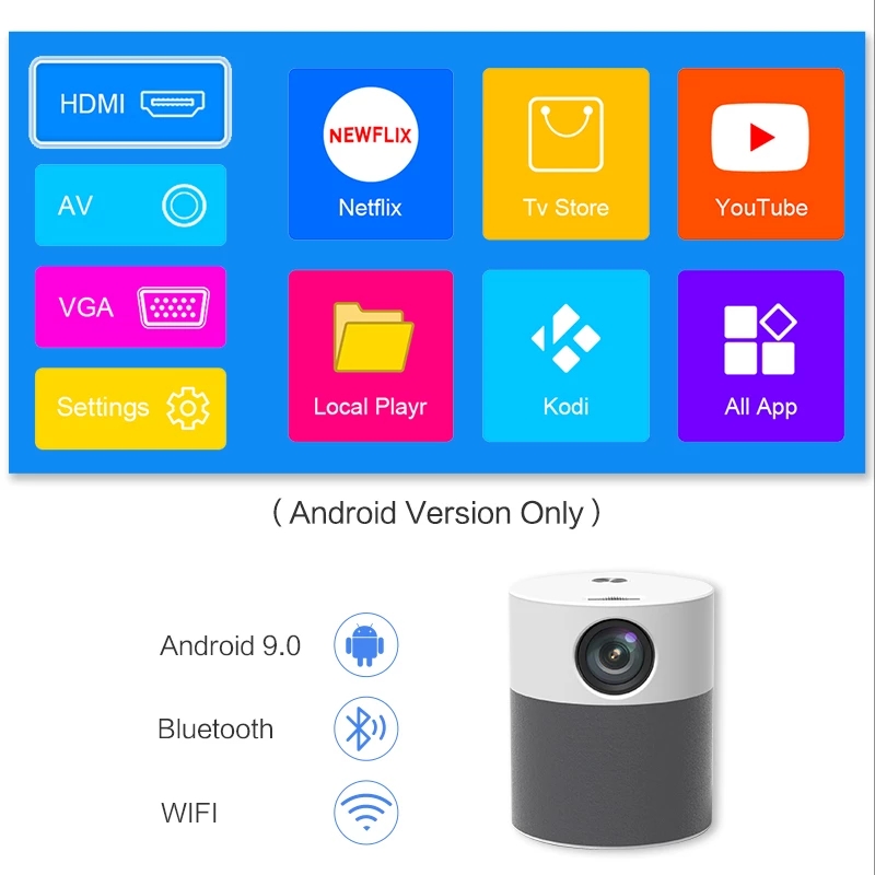 Native Full HD Portable Projector 1080P MINI Beamer Home Theater Video Movie（Android 9.0 WIFI Blutooth Keystone) projecteur