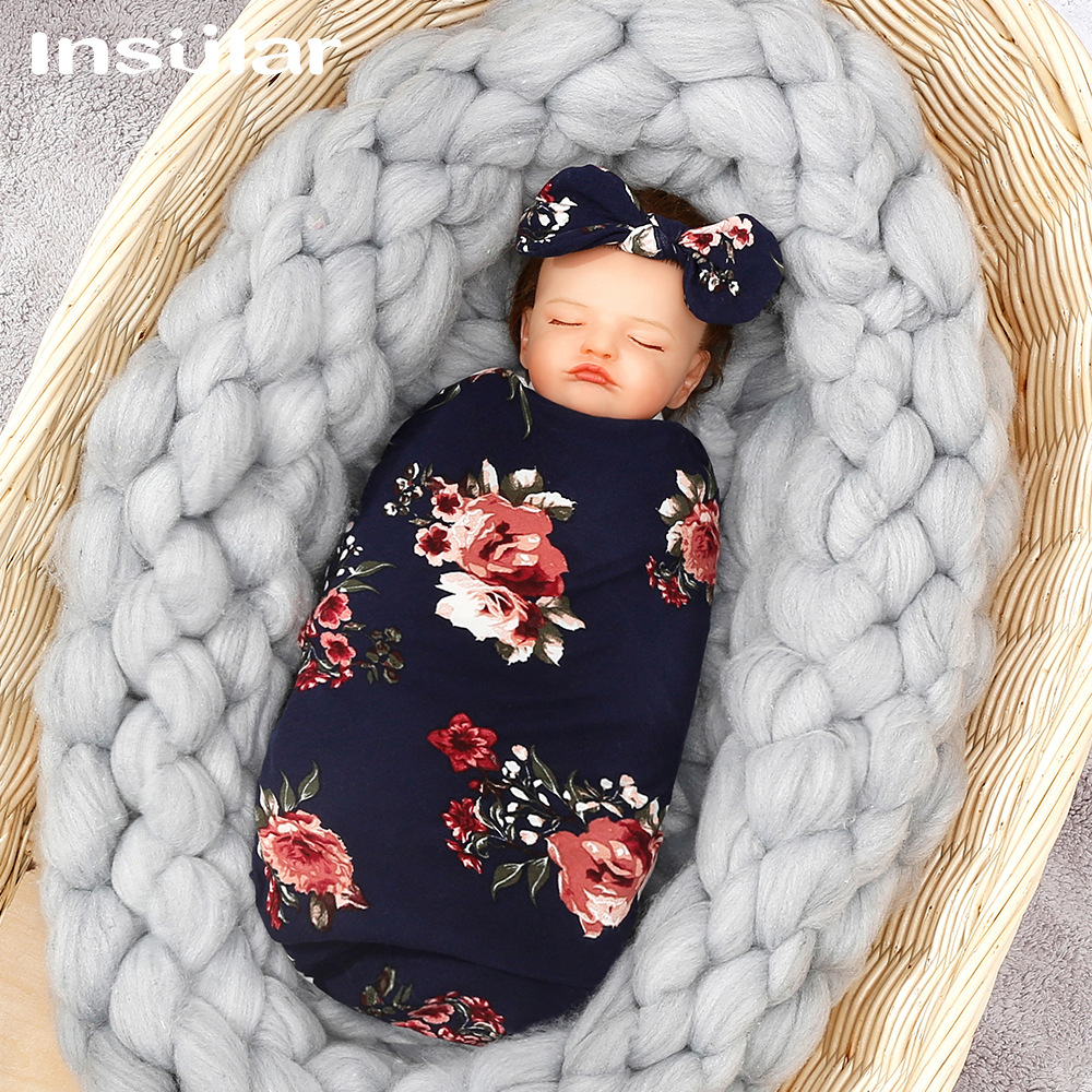 Newborn Printed Wrap Scarf Tire Cap and Headband Three-Piece Set