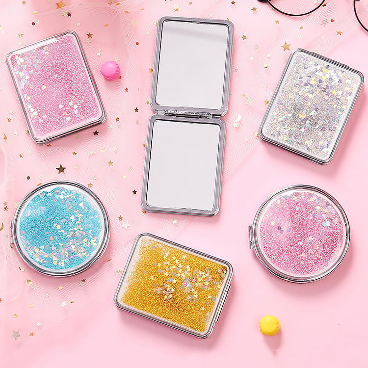 1Pc quicksand double-sided magnifying mirror cute handheld small portable foldable makeup mirror
