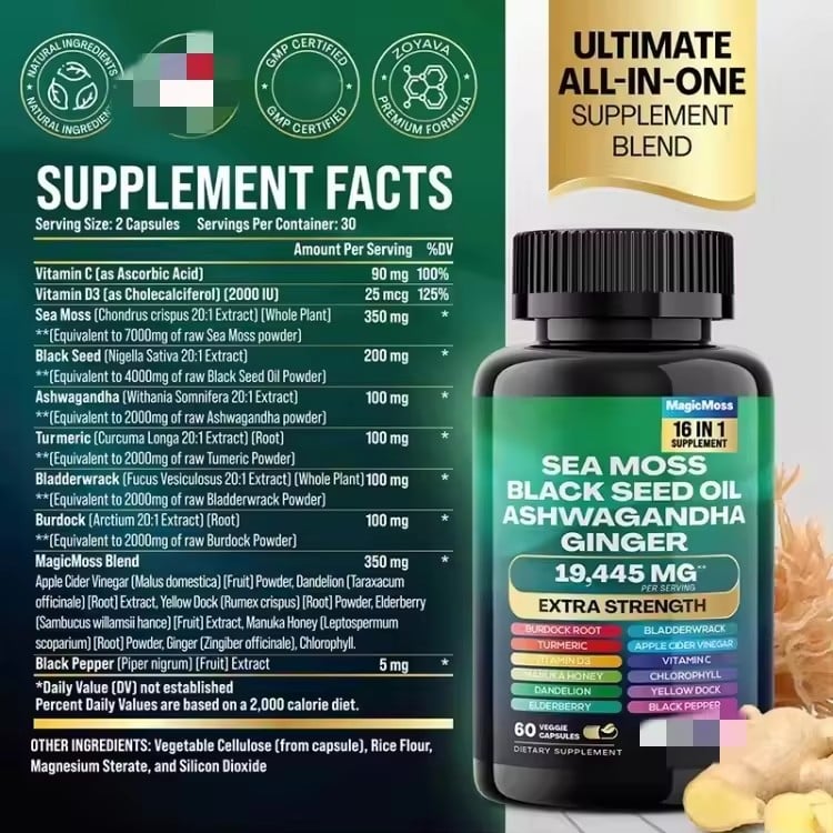 Turmeric Burdock & Ginger Sea Moss Black Seed Oil Ashwagandha Herbal Plant Extract Sea Moss Capsules Vitamin and Supplement