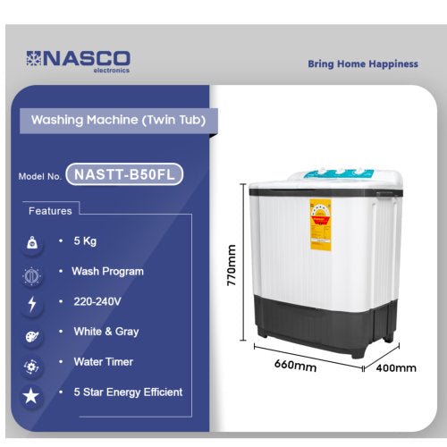 NASCO 5KG NASTT-B50FLTWIN TOP WASHING MACHINE